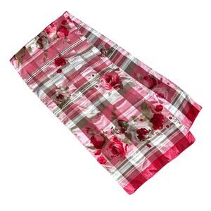 Pink plaid silky scarf gold metallic thread burnout stripes flowers sage & cream